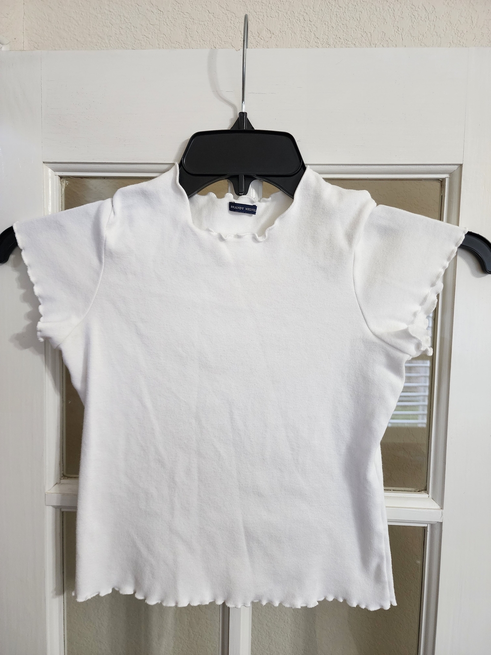 Brandy Melville White Ribbed Lettuce Hem Baby Tee Made Italy One Size